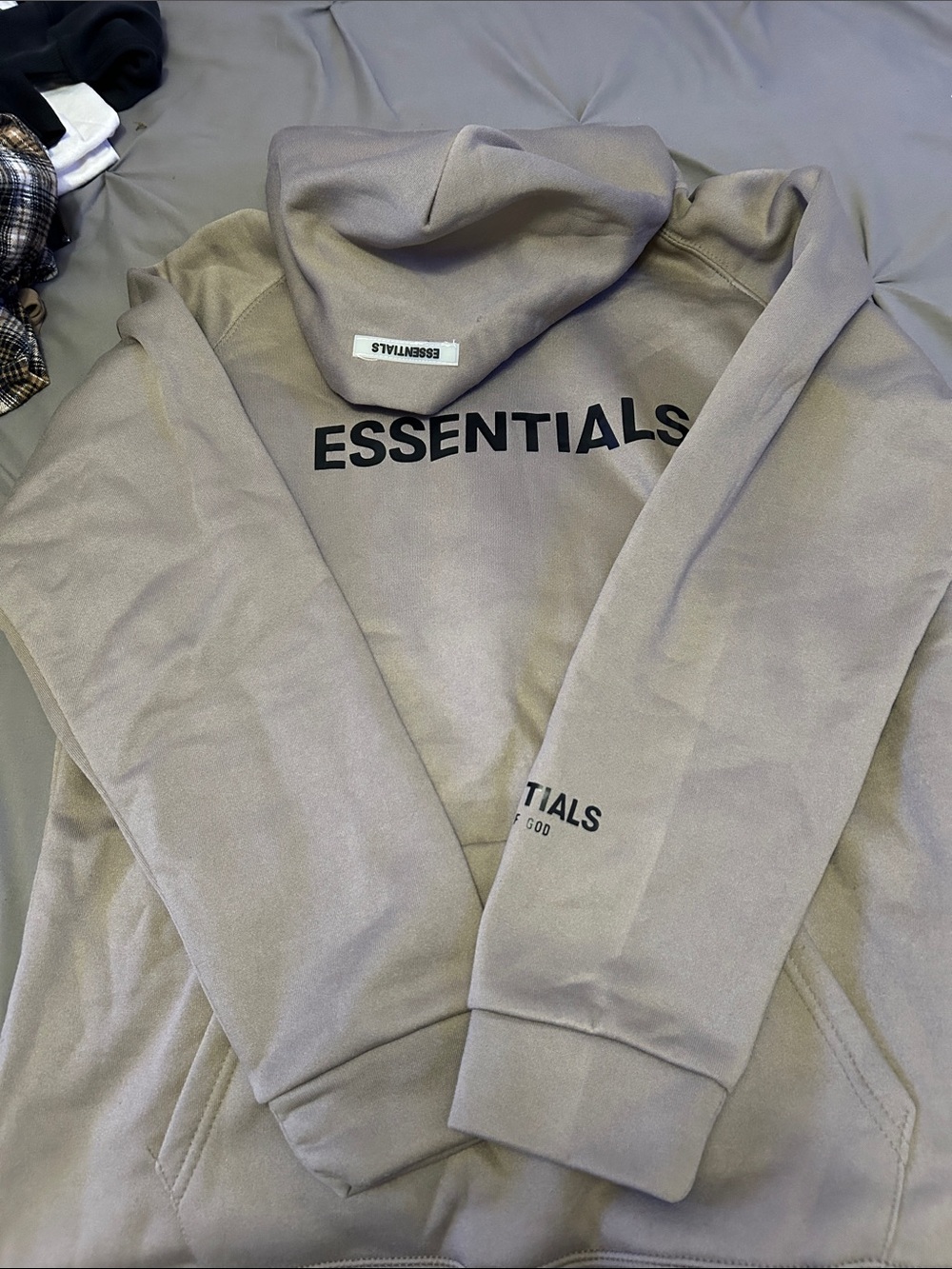 Essentials Taupe Hoodie with Black Logo Print